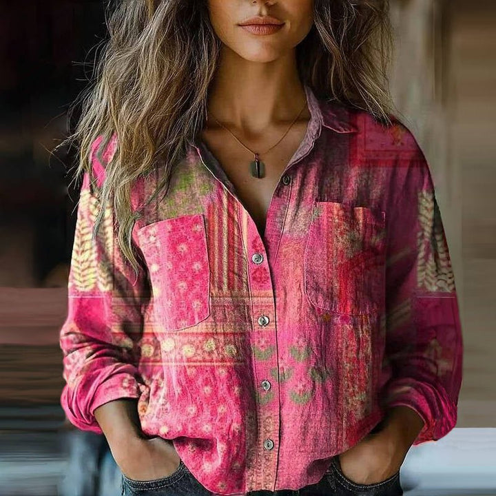Dame Bohemisk Vintage Paisley Langærmet Skjortebluse - Pink