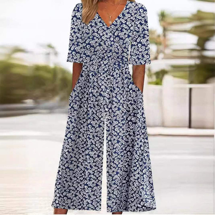 Dame Boho Blomsterprint Jumpsuit V-hals Halværmer Lommer - White