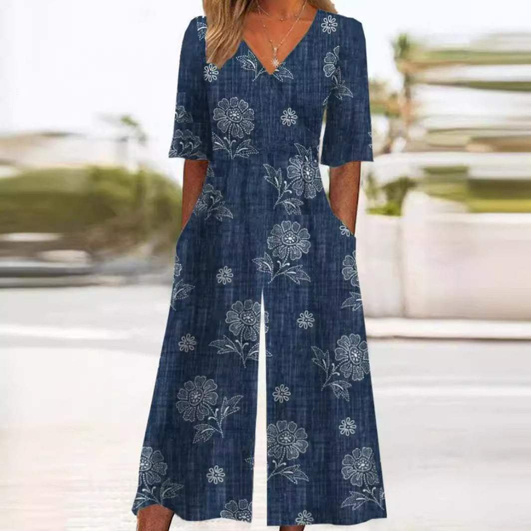 Dame Boho Blomsterprint Jumpsuit V-hals Halværmer Lommer