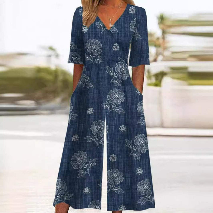 Dame Boho Blomsterprint Jumpsuit V-hals Halværmer Lommer