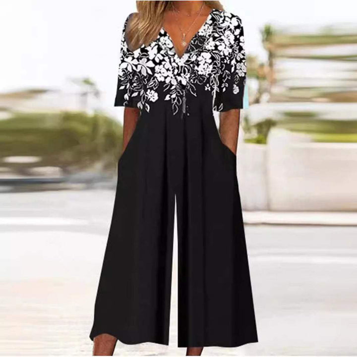 Dame Boho Blomsterprint Jumpsuit V-hals Halværmer Lommer