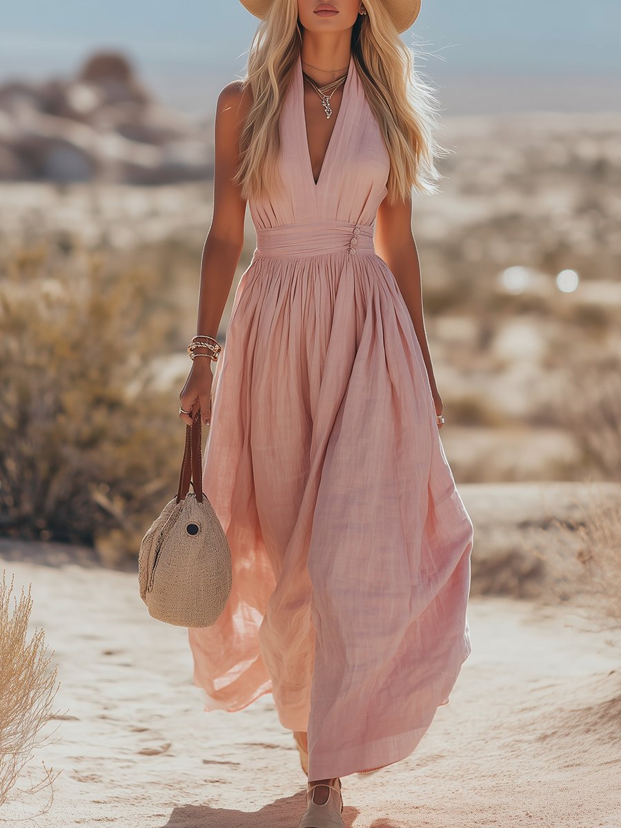 Dame Boho Hæklede Halter Maxi Kjole - Pink