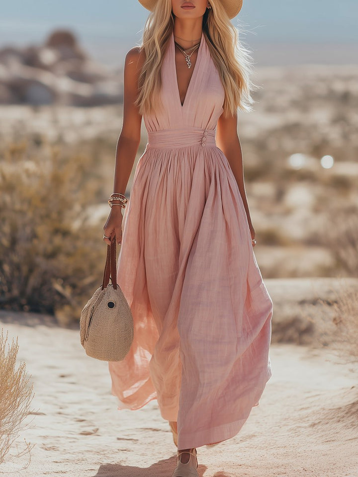 Dame Boho Hæklede Halter Maxi Kjole - Pink