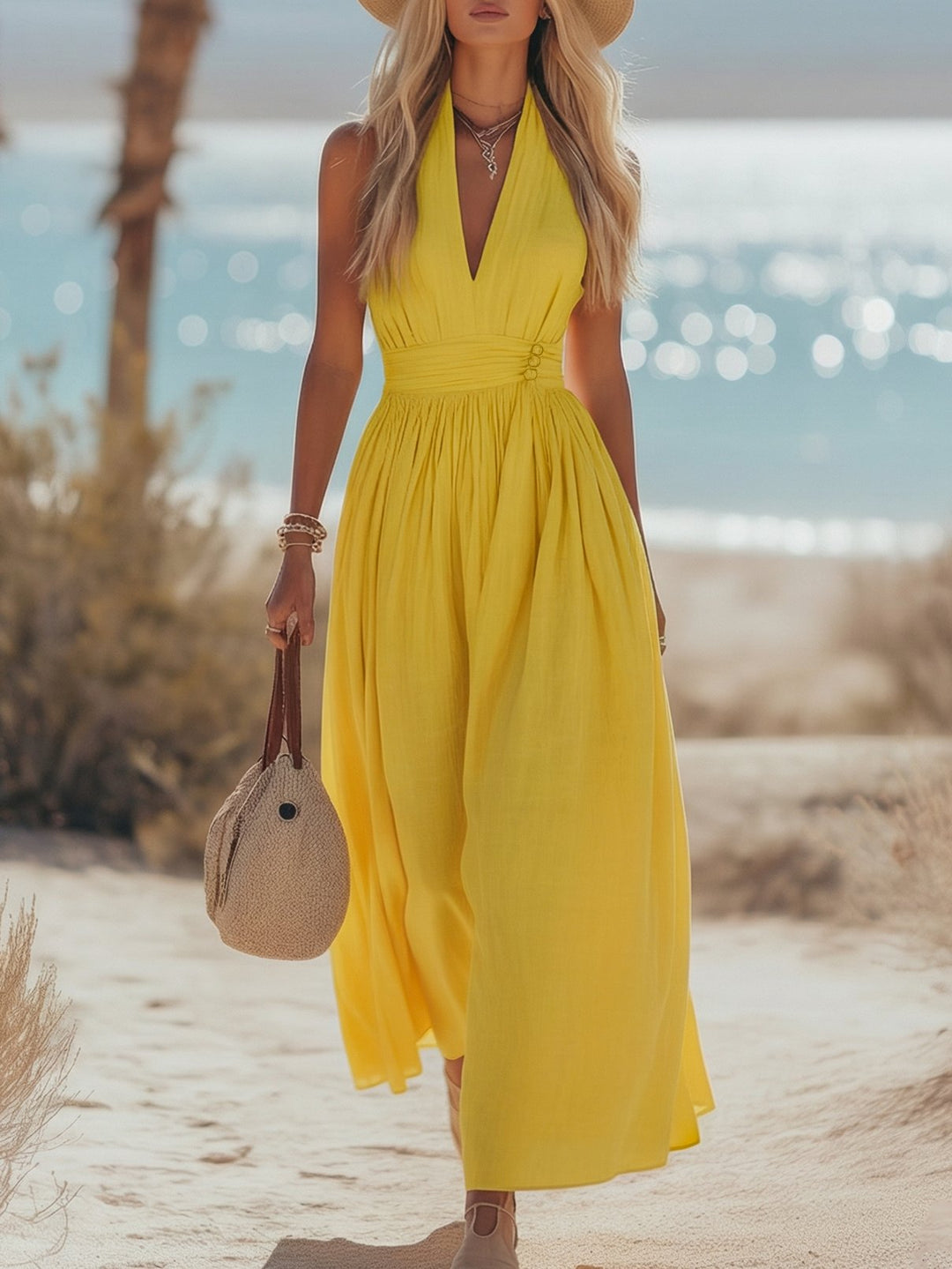 Dame Boho Hæklede Halter Maxi Kjole - Yellow