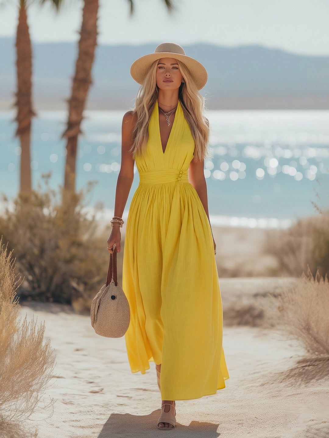 Dame Boho Hæklede Halter Maxi Kjole