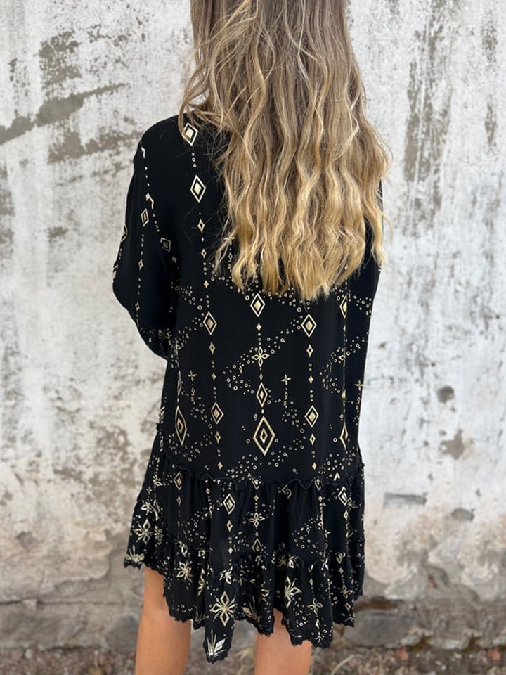 Dame Boho Kortklædt Kjole Udsvingede Ærmer Gulddetaljer