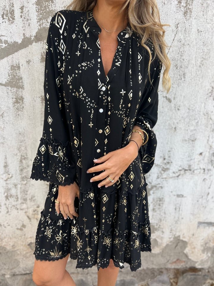 Dame Boho Kortklædt Kjole Udsvingede Ærmer Gulddetaljer - Black