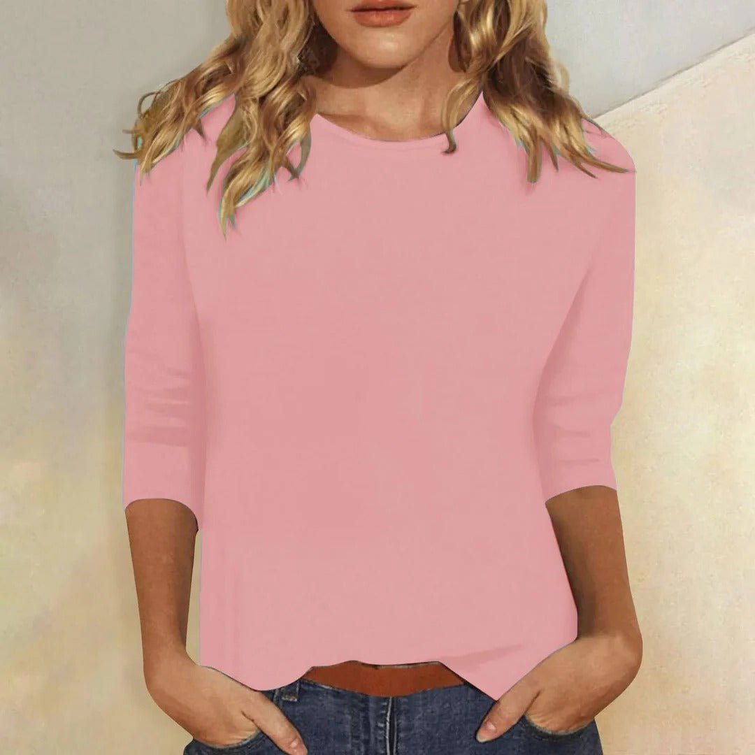 Dame Crew Neck Top 3/4 Ærmer Casual Hverdagsbluse - Pink