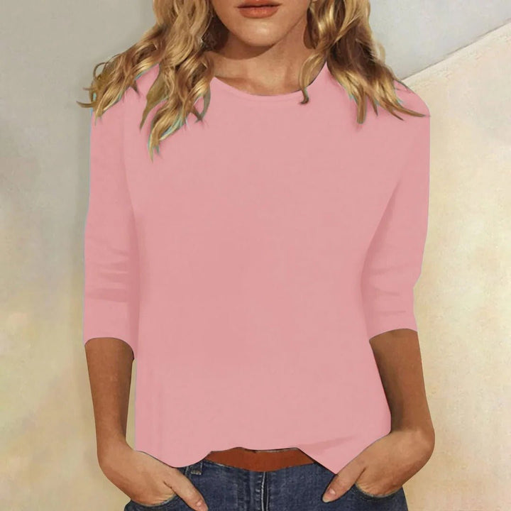 Dame Crew Neck Top 3/4 Ærmer Casual Hverdagsbluse - Pink