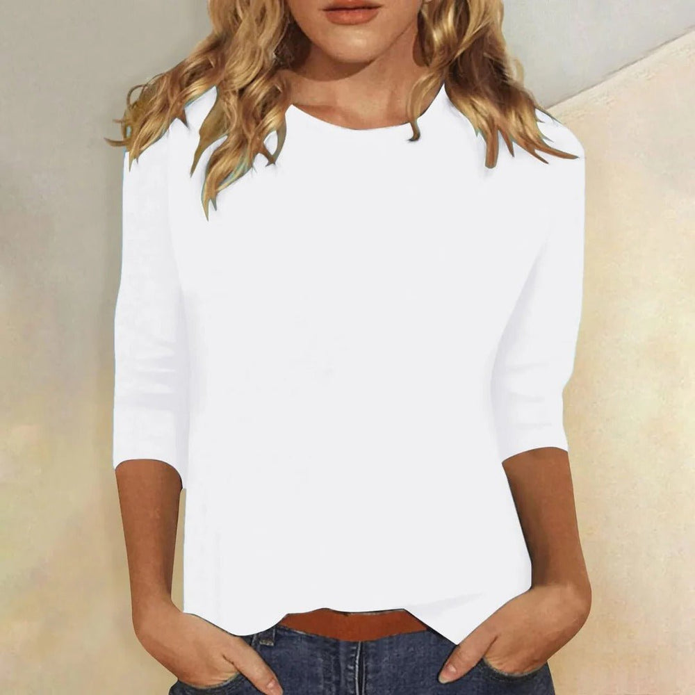 Dame Crew Neck Top 3/4 Ærmer Casual Hverdagsbluse - White