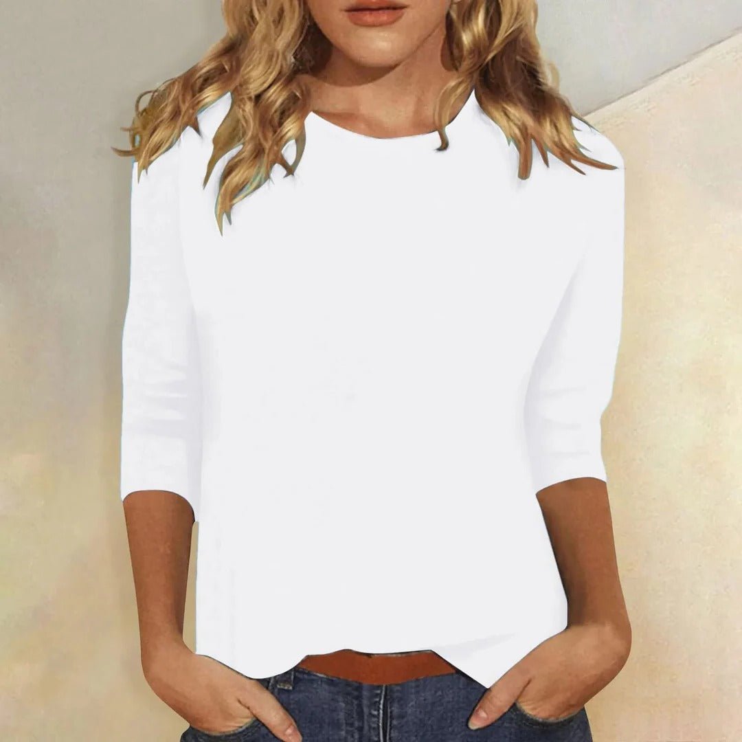 Dame Crew Neck Top 3/4 Ærmer Casual Hverdagsbluse - White
