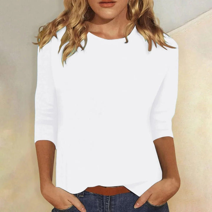 Dame Crew Neck Top 3/4 Ærmer Casual Hverdagsbluse - White