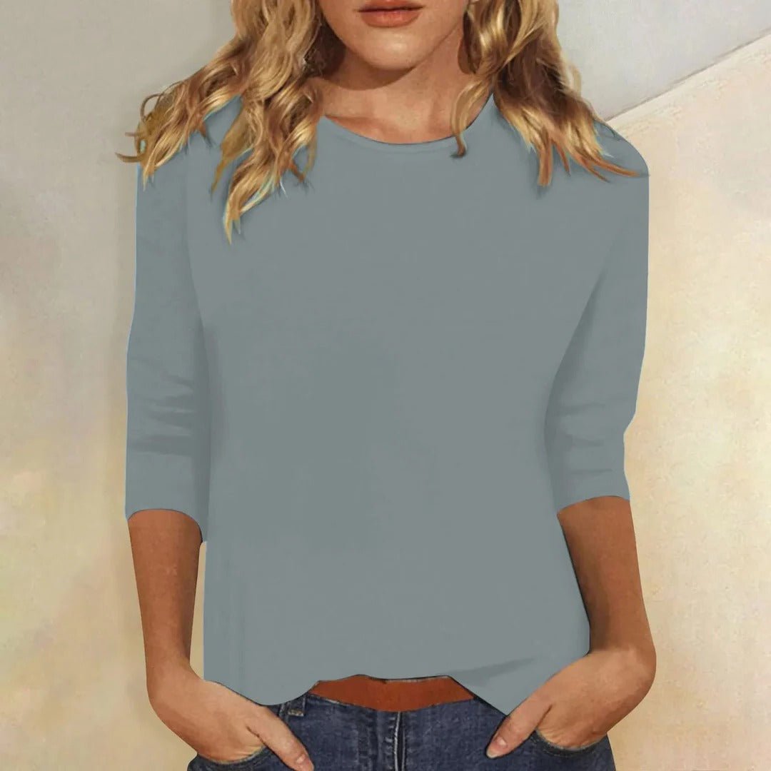 Dame Crew Neck Top 3/4 Ærmer Casual Hverdagsbluse - Blue