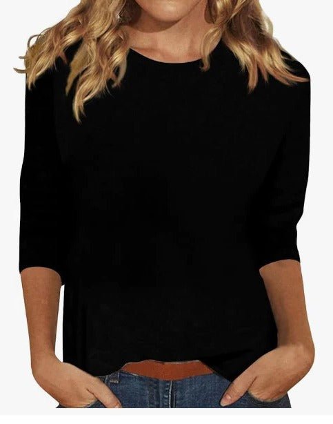 Dame Crew Neck Top 3/4 Ærmer Casual Hverdagsbluse - Black