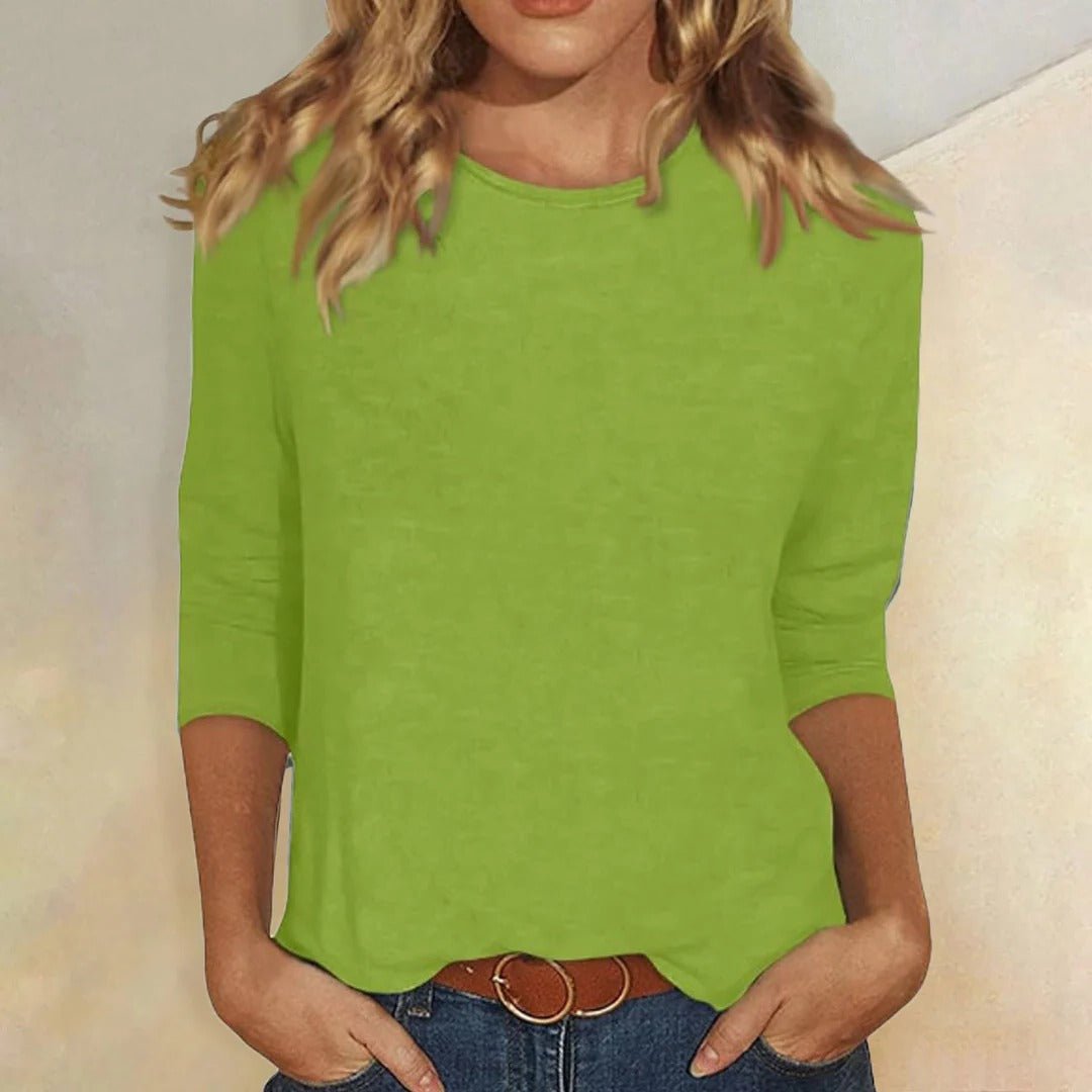 Dame Crew Neck Top 3/4 Ærmer Casual Hverdagsbluse - Green