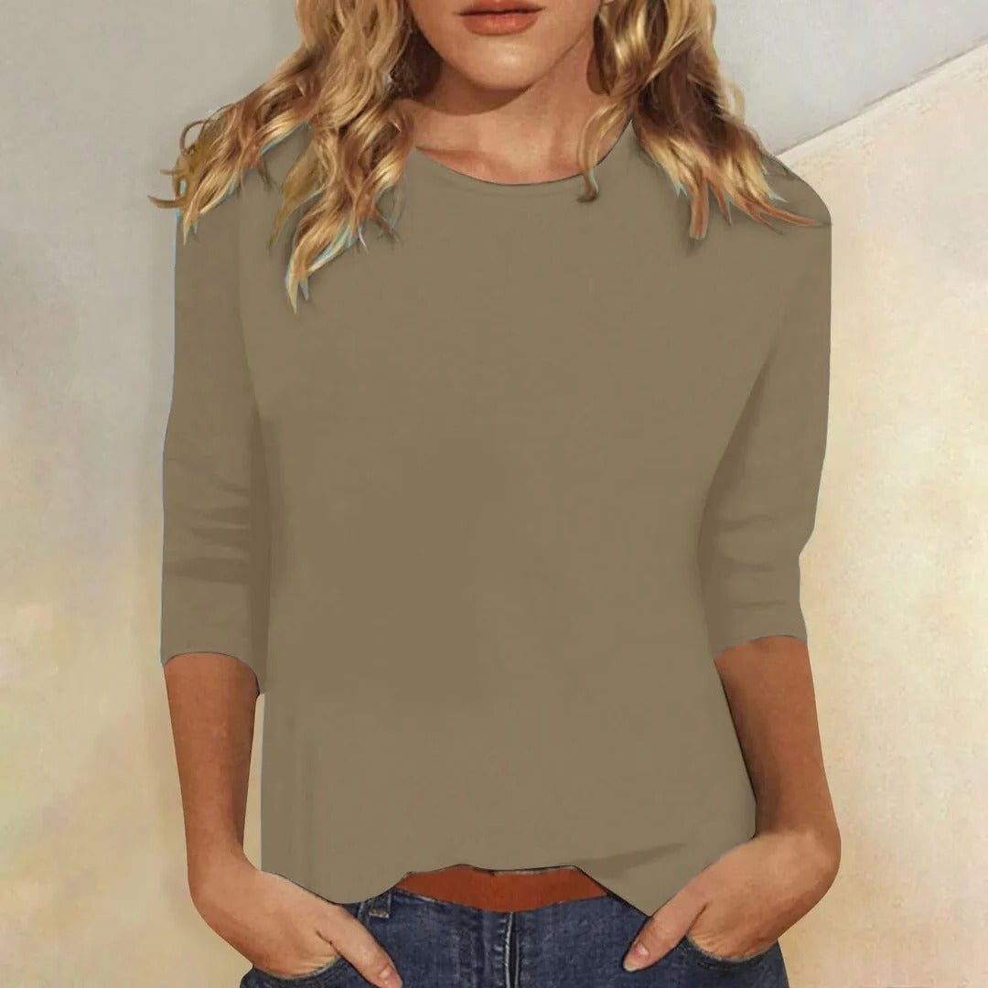 Dame Crew Neck Top 3/4 Ærmer Casual Hverdagsbluse - Khaki