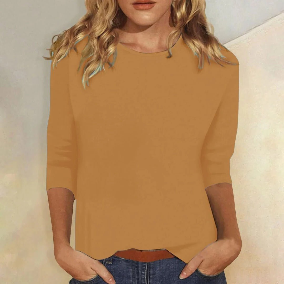 Dame Crew Neck Top 3/4 Ærmer Casual Hverdagsbluse - Brown