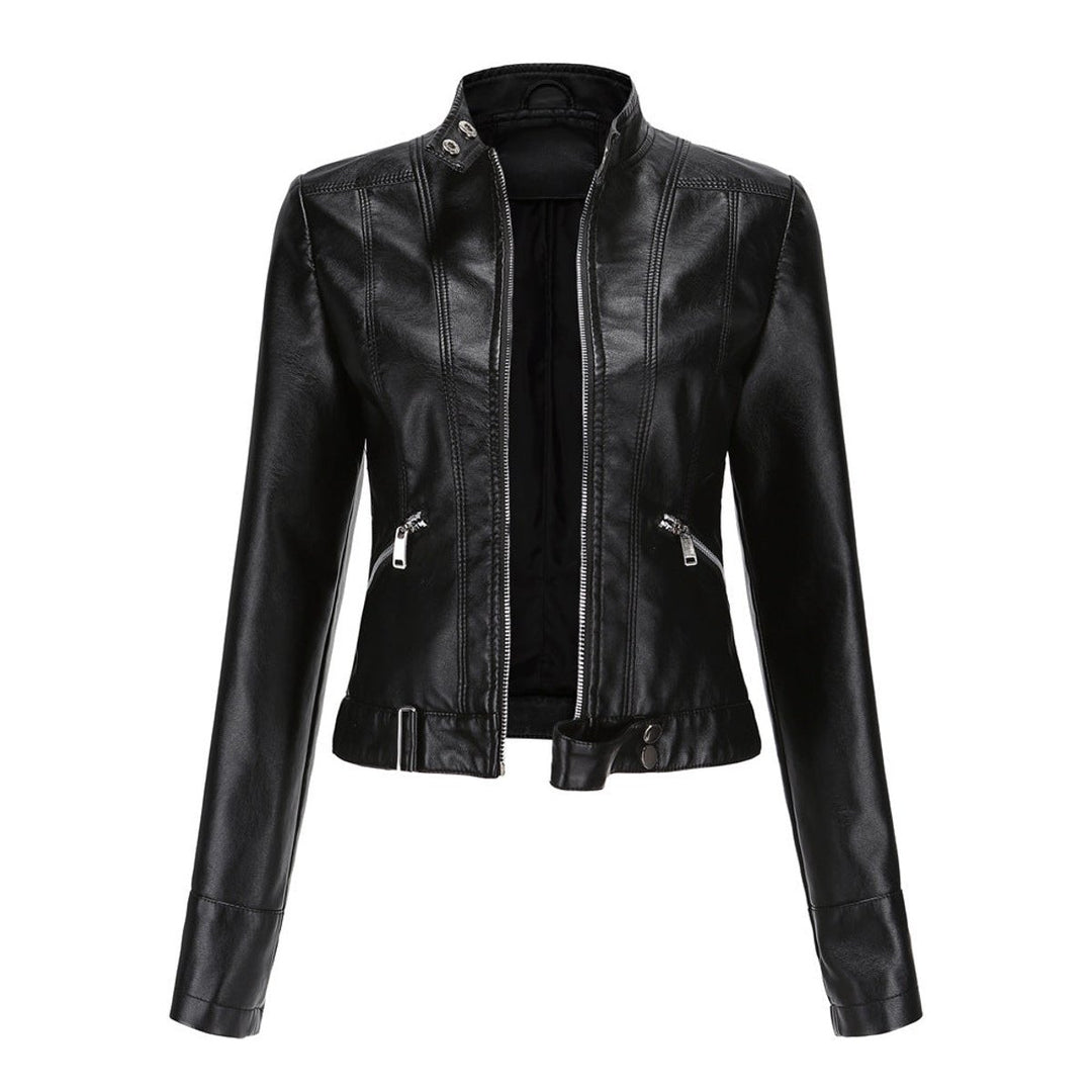 Dame Cropped Biker Leather Jacket Imitationslæder Lynlås - Sort