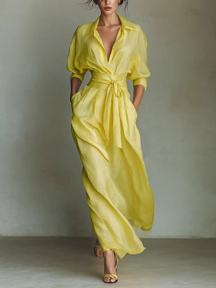 Dame Gul Linen Maxi Skjortekjole Med Bindebånd - Yellow