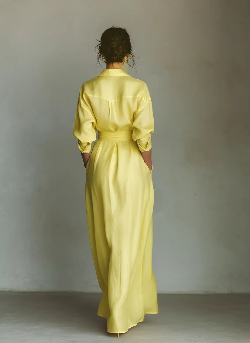 Dame Gul Linen Maxi Skjortekjole Med Bindebånd