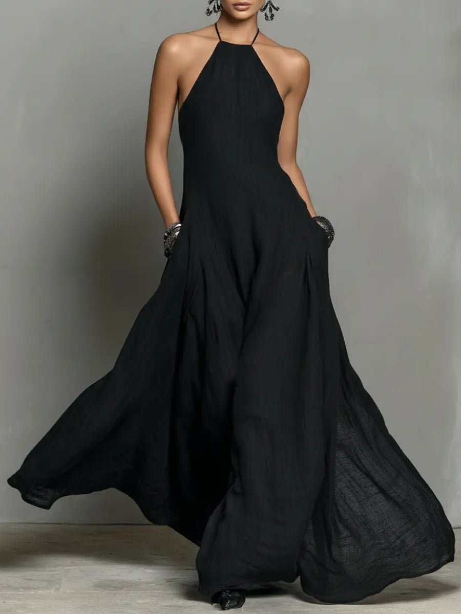 Dame Halterneck Linned Maxi Kjole - Black