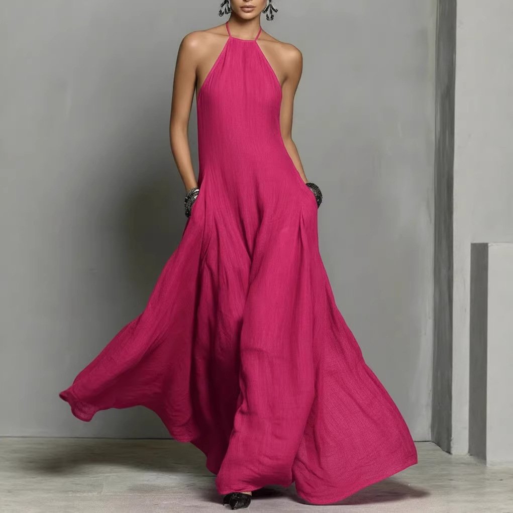 Dame Halterneck Linned Maxi Kjole - Hot Pink