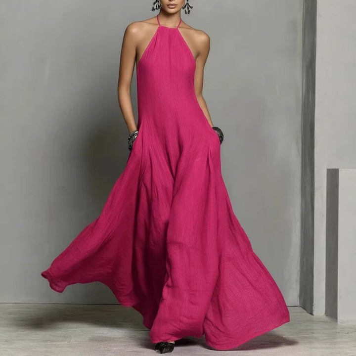 Dame Halterneck Linned Maxi Kjole - Hot Pink