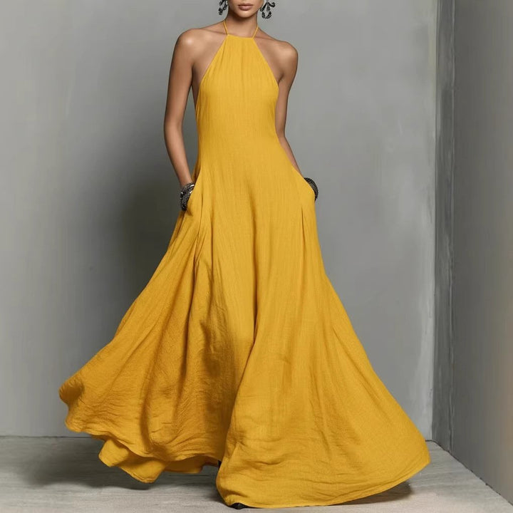 Dame Halterneck Linned Maxi Kjole - Yellow