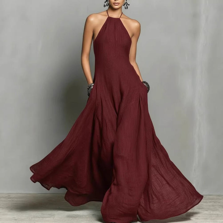 Dame Halterneck Linned Maxi Kjole - Burgundy
