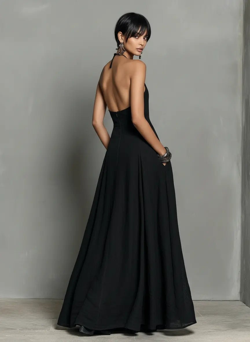 Dame Halterneck Linned Maxi Kjole