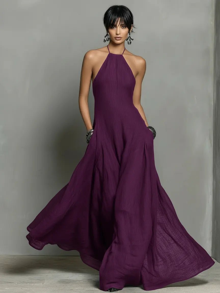 Dame Halterneck Linned Maxi Kjole - Purple