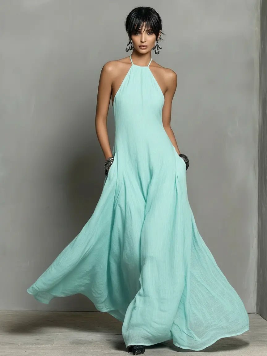 Dame Halterneck Linned Maxi Kjole - Mint Green
