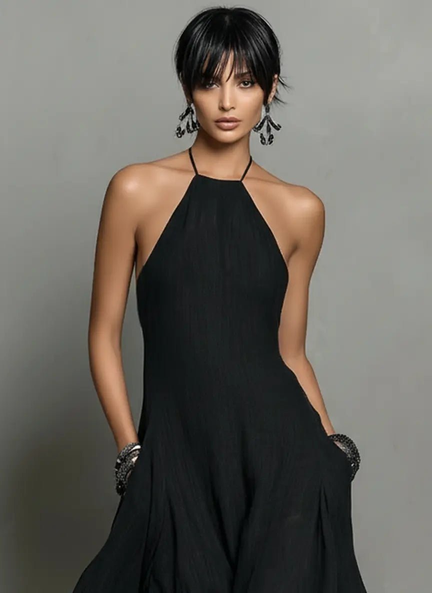 Dame Halterneck Linned Maxi Kjole