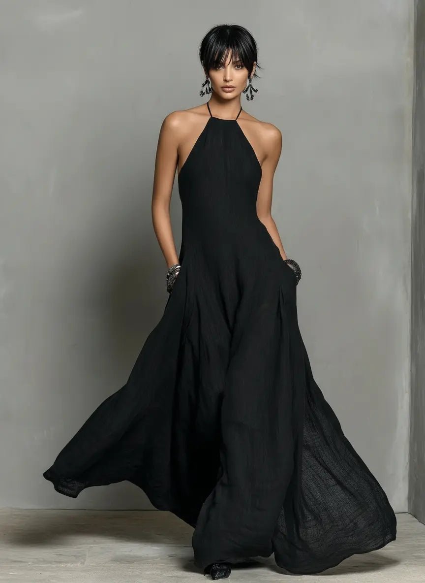 Dame Halterneck Linned Maxi Kjole