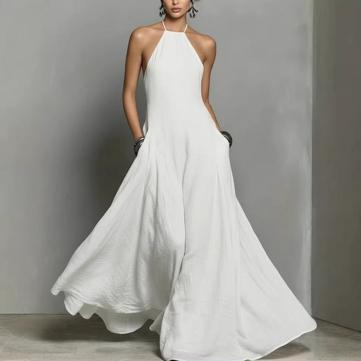 Dame Halterneck Linned Maxi Kjole - White