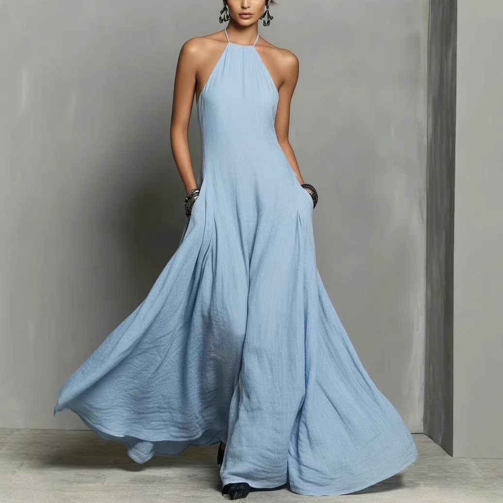 Dame Halterneck Linned Maxi Kjole - Light Blue