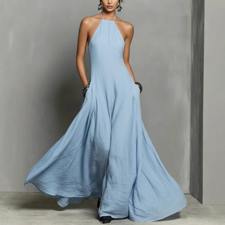 Dame Halterneck Linned Maxi Kjole - Light Blue