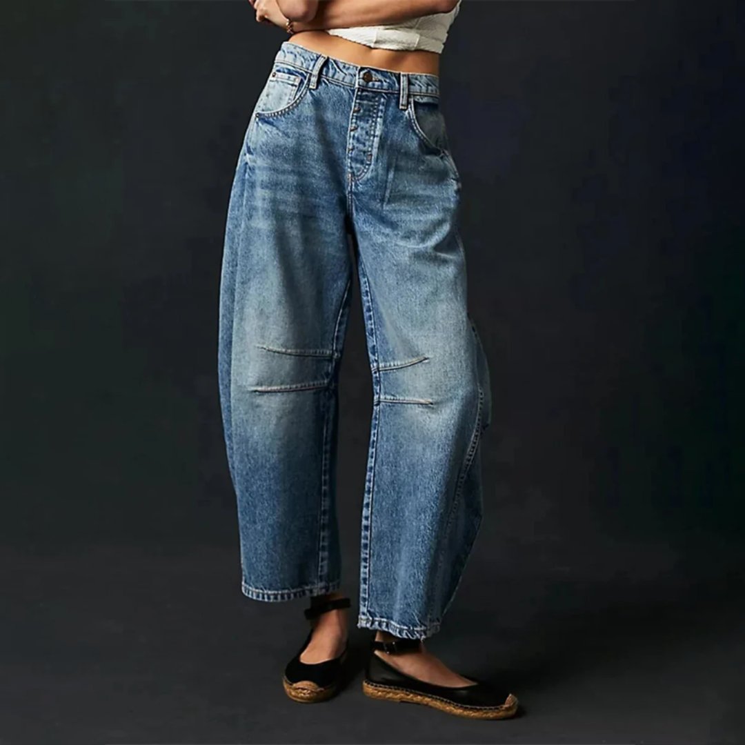 Dame Højtaljede Barrel-Leg Jeans Afslappet Pasform - Dark Blue