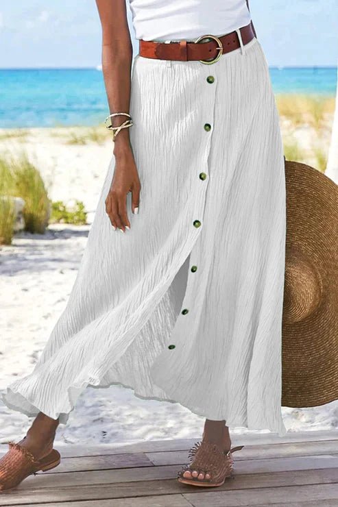 Dame Højtaljeret Knapfront Maxi Nederdel Linned-Look - White
