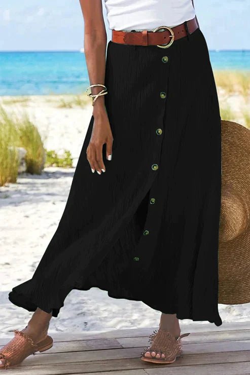 Dame Højtaljeret Knapfront Maxi Nederdel Linned-Look - Black