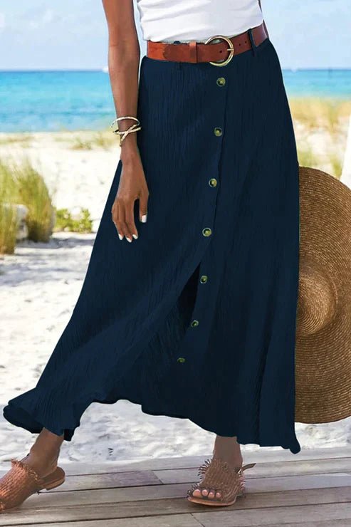 Dame Højtaljeret Knapfront Maxi Nederdel Linned-Look - Tibetan blue