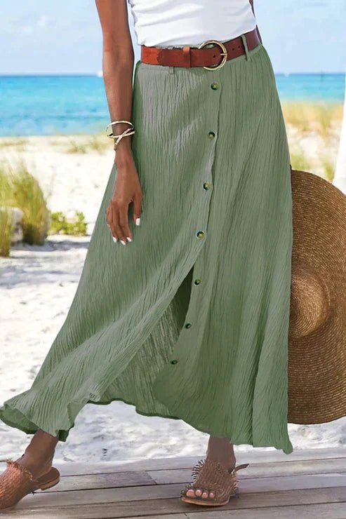 Dame Højtaljeret Knapfront Maxi Nederdel Linned-Look - Light green