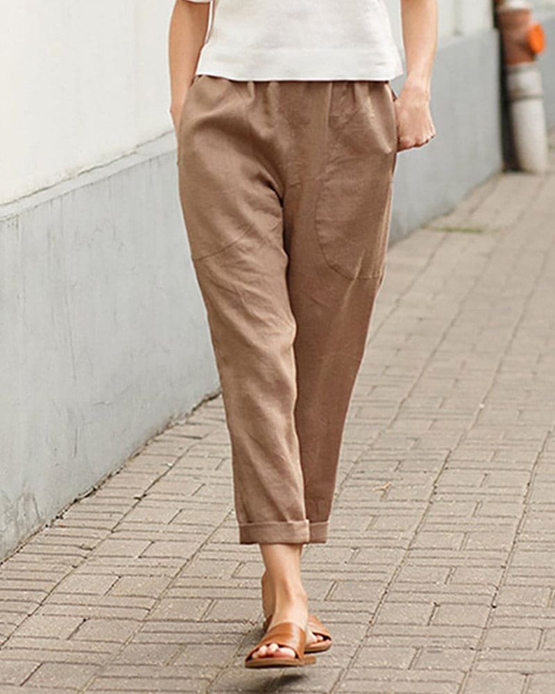 Dame Hør Bomulds Harem Bukser Afslappet Tapered - Khaki