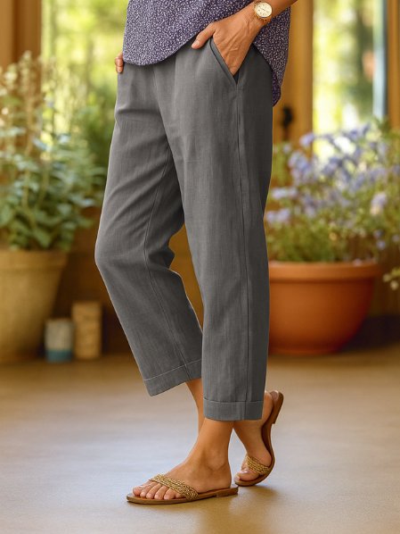 Dame Hør Tapered Cropped Bukser med Manchetter - Gray