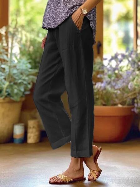 Dame Hør Tapered Cropped Bukser med Manchetter - Black