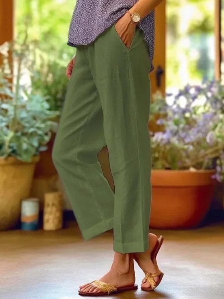 Dame Hør Tapered Cropped Bukser med Manchetter - Green