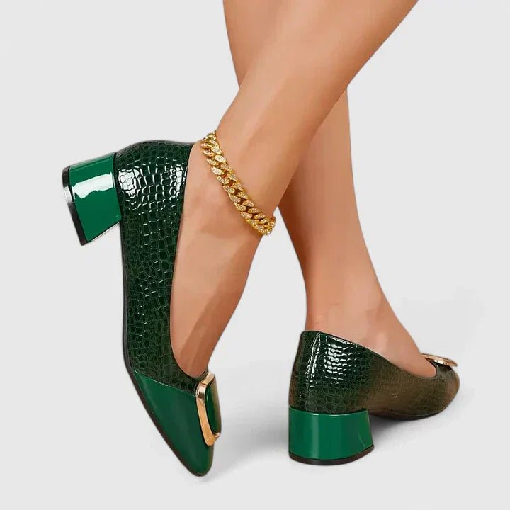 Dame Komfortable Krokodille-Tekstur Loafers Med Guldkæde - Green