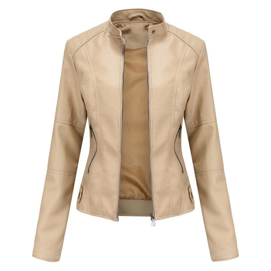 Dame kort zippet kunstlæder leather jacket med stående krave - Beige