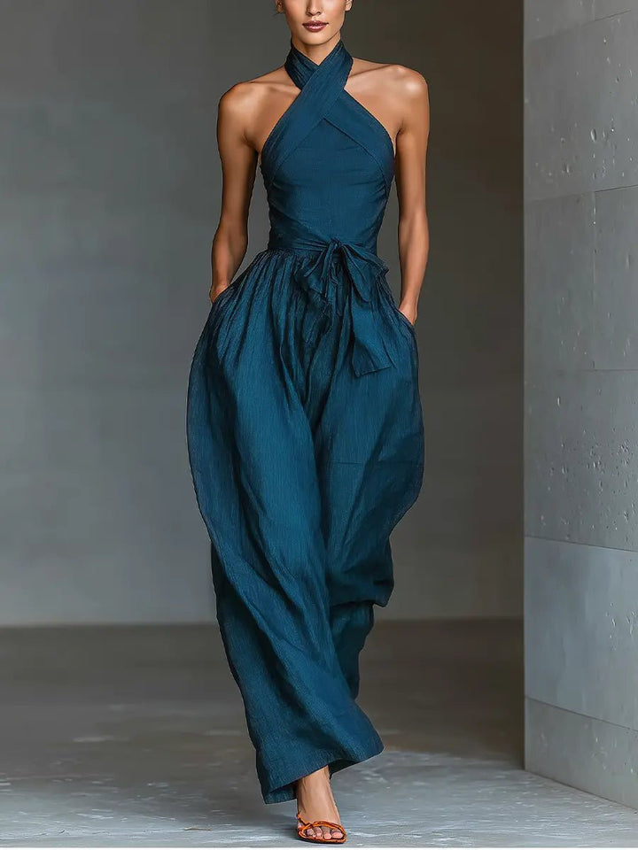 Dame Kryds-Halter Vidtben Hør Jumpsuit - Navy blue