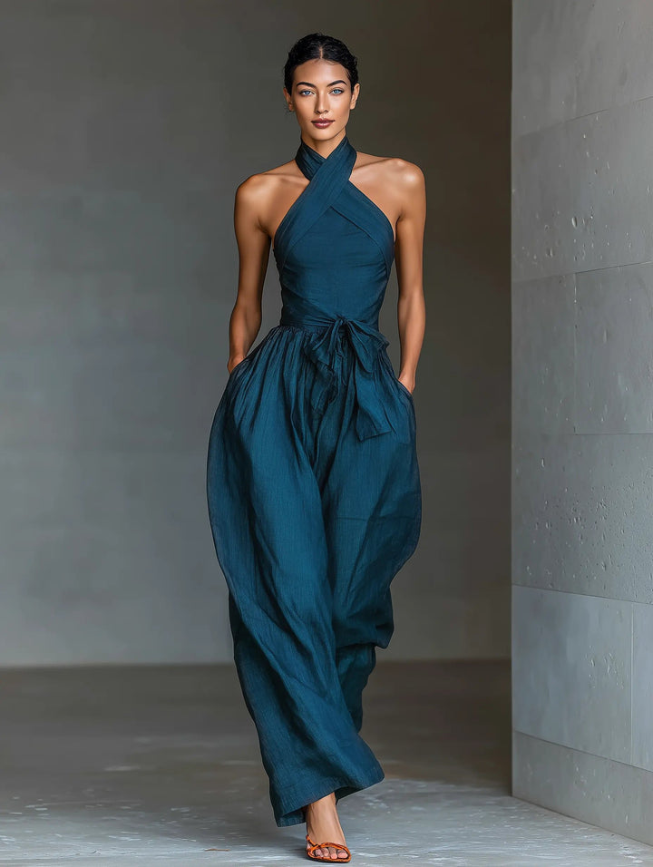 Dame Kryds-Halter Vidtben Hør Jumpsuit